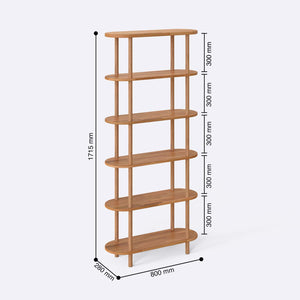 Kaer 6 Raflı Kitaplık 80 x 28 cm ölçülendirilmiş teknik görünümü, milimetre cinsinden genişlik ve yükseklik