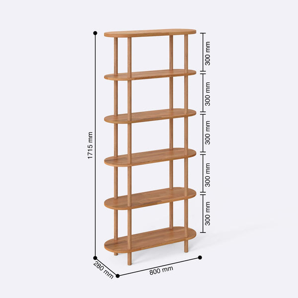 Kaer 6 Raflı Kitaplık 80 x 28 cm ölçülendirilmiş teknik görünümü, milimetre cinsinden genişlik ve yükseklik