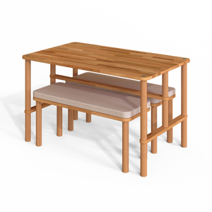 Reva Yemek Masası ve Bench Takımı – 130 x 78, Keten Ekru döşeme, masif kayın gövde, beyaz zeminde üç çeyrek açıdan çekim