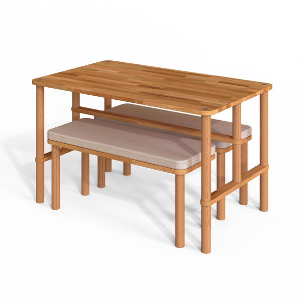 Reva Yemek Masası ve Bench Takımı – 130 x 78, Keten Ekru döşeme, masif kayın gövde, beyaz zeminde üç çeyrek açıdan çekim