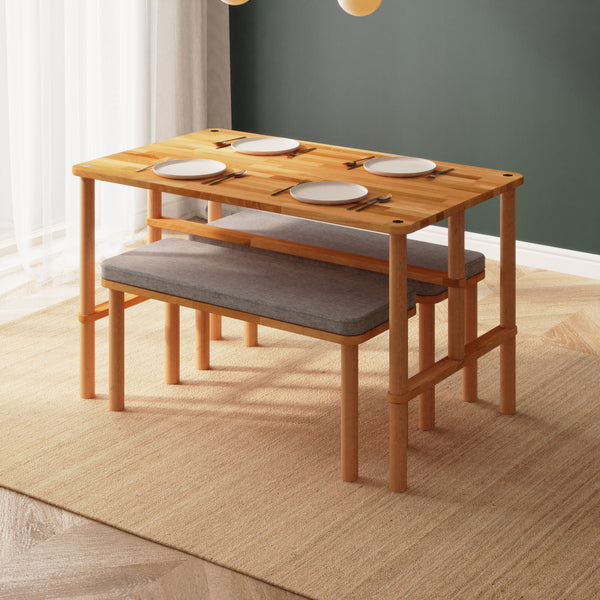 Reva Yemek Masası ve Bench Takımı – 130 x 78, Keten Gri döşeme, masif kayın gövde, ev ortamında kullanım görünümü