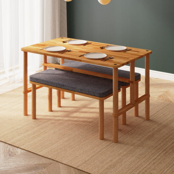 Reva Yemek Masası ve Bench Takımı – 130 x 78, Keten Kül döşeme, masif kayın gövde, ev ortamında kullanım görünümü