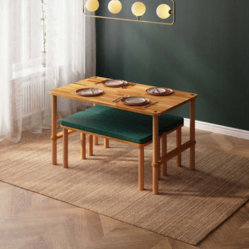 Reva Yemek Masası ve Bench Takımı, masif kayın masa ve kumaş döşemeli bench, 130 cm, ev ortamında kullanım görünümü