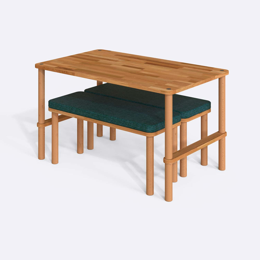 Reva Yemek Masası ve Bench Takımı, masif kayın masa ve kumaş döşemeli bench, 130 cm, ev ortamında kullanım görünümü