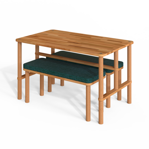 Reva Yemek Masası ve Bench Takımı – 130 x 78, Keten Petrol döşeme, masif kayın gövde, beyaz zeminde üç çeyrek açıdan çekim
