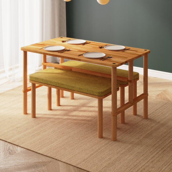 Reva Yemek Masası ve Bench Takımı – 130 x 78, Keten Sarı döşeme, masif kayın gövde, ev ortamında kullanım görünümü