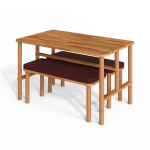 Reva Yemek Masası ve Bench Takımı – 130 x 78, Keten Bordo döşeme, masif kayın gövde, beyaz zeminde üç çeyrek açıdan çekim