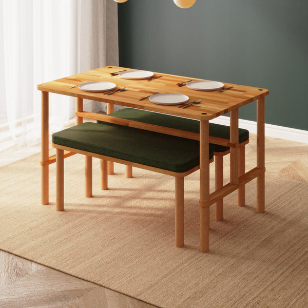 Reva Yemek Masası ve Bench Takımı – 130 x 78, Keten Yeşil döşeme, masif kayın gövde, ev ortamında kullanım görünümü