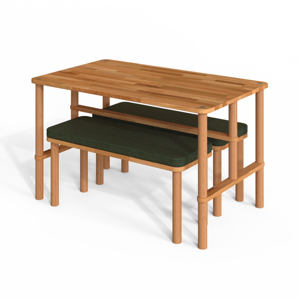 Reva Yemek Masası ve Bench Takımı – 130 x 78, Keten Yeşil döşeme, masif kayın gövde, beyaz zeminde üç çeyrek açıdan çekim