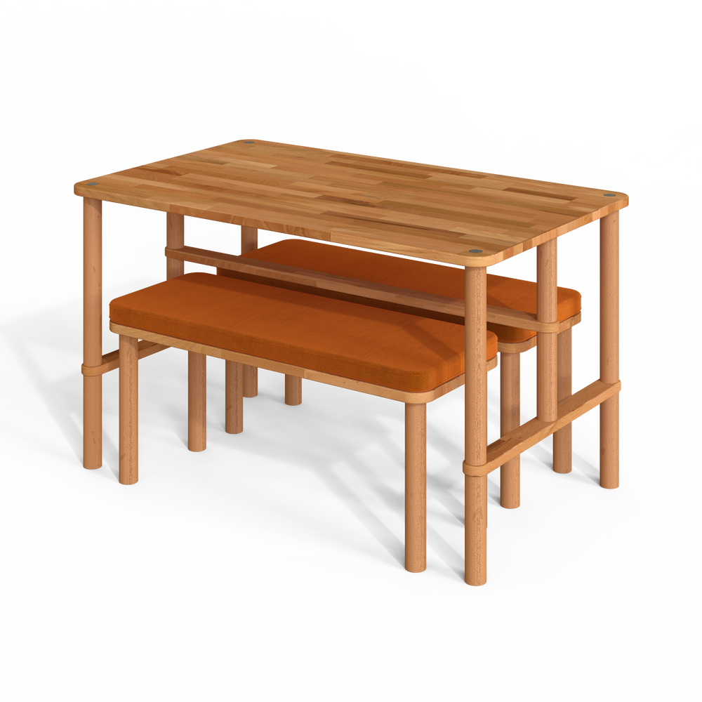 Reva Yemek Masası ve Bench Takımı – 130 x 78, Kadife Badem döşeme, masif kayın gövde, ev ortamında kullanım görünümü