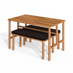 Reva Yemek Masası ve Bench Takımı – 130 x 78, Kadife Kahve döşeme, masif kayın gövde, beyaz zeminde üç çeyrek açıdan çekim