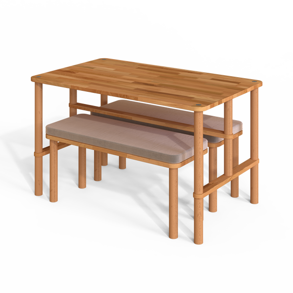 Reva Yemek Masası ve Bench Takımı – 130 x 78, Kadife Kum döşeme, masif kayın gövde, beyaz zeminde üç çeyrek açıdan çekim
