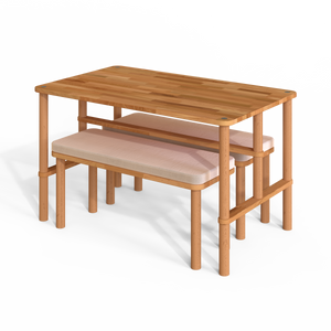 Reva Yemek Masası ve Bench Takımı – 130 x 78, Kadife Ekru döşeme, masif kayın gövde, beyaz zeminde üç çeyrek açıdan çekim