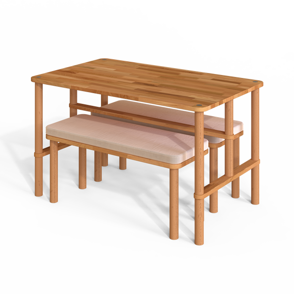 Reva Yemek Masası ve Bench Takımı – 130 x 78, Kadife Ekru döşeme, masif kayın gövde, beyaz zeminde üç çeyrek açıdan çekim