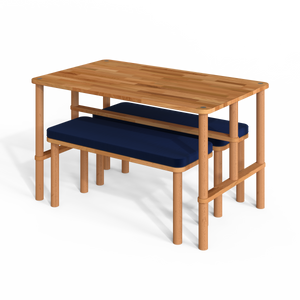 Reva Yemek Masası ve Bench Takımı – 130 x 78, Kadife Lacivert döşeme, masif kayın gövde, beyaz zeminde üç çeyrek açıdan çekim