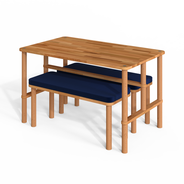 Reva Yemek Masası ve Bench Takımı – 130 x 78, Kadife Lacivert döşeme, masif kayın gövde, beyaz zeminde üç çeyrek açıdan çekim