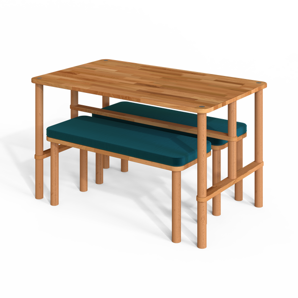 Reva Yemek Masası ve Bench Takımı – 130 x 78, Kadife Petrol döşeme, masif kayın gövde, beyaz zeminde üç çeyrek açıdan çekim