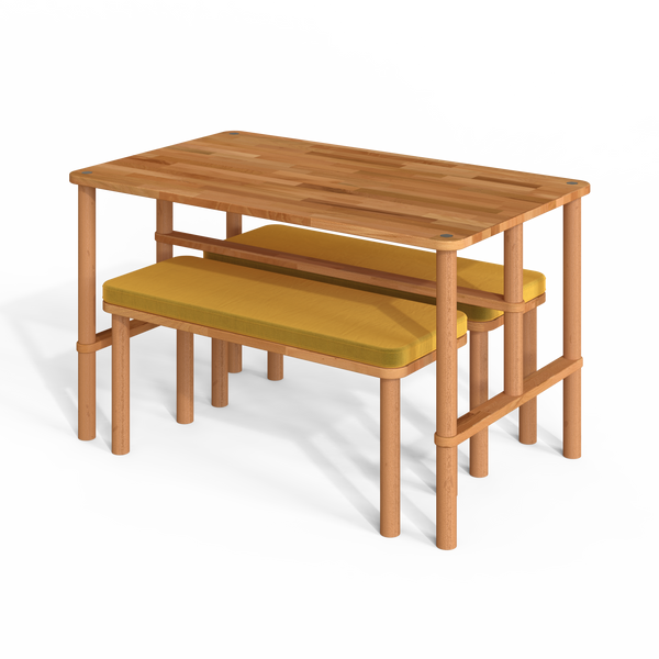 Reva Yemek Masası ve Bench Takımı – 130 x 78, Kadife Sarı döşeme, masif kayın gövde, beyaz zeminde üç çeyrek açıdan çekim