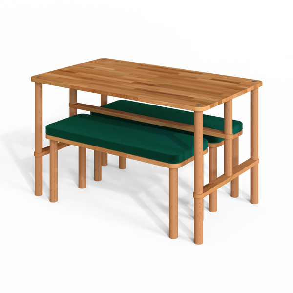 Reva Yemek Masası ve Bench Takımı – 130 x 78, Kadife Zümrüt döşeme, masif kayın gövde, beyaz zeminde üç çeyrek açıdan çekim
