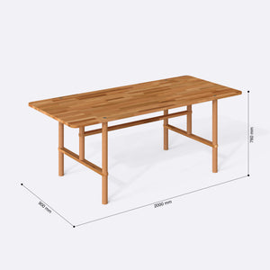 Lugh Yemek Masası 200 x 90 cm, ölçülendirilmiş teknik çizim, 2000 x 900 mm tabla ölçüsü