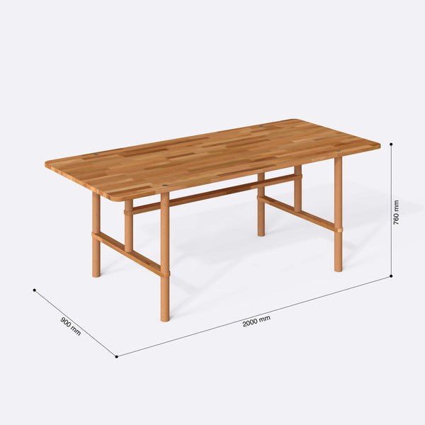 Lugh Yemek Masası 200 x 90 cm, ölçülendirilmiş teknik çizim, 2000 x 900 mm tabla ölçüsü