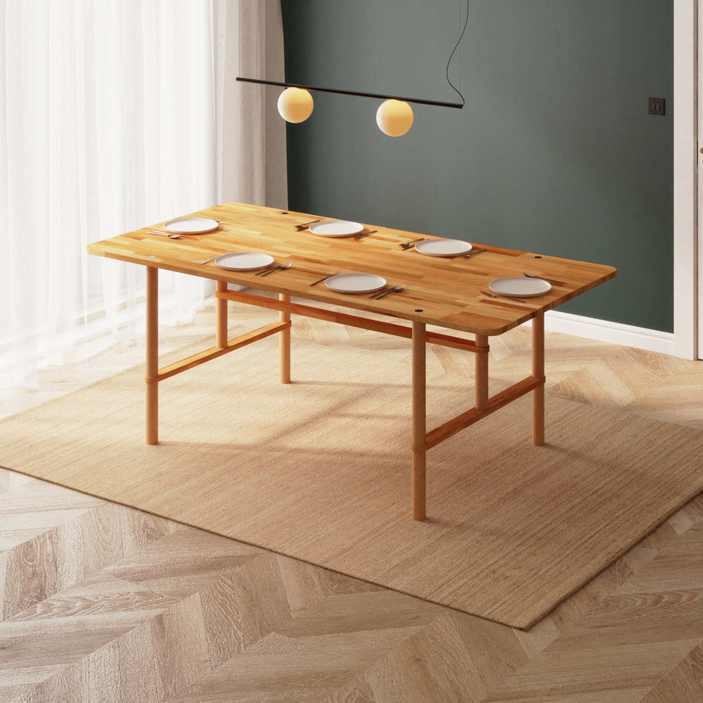 Lugh Yemek Masası 200 x 100 cm, %100 masif kayın, doğal ahşap dokusu, ev ortamında kullanım görünümü