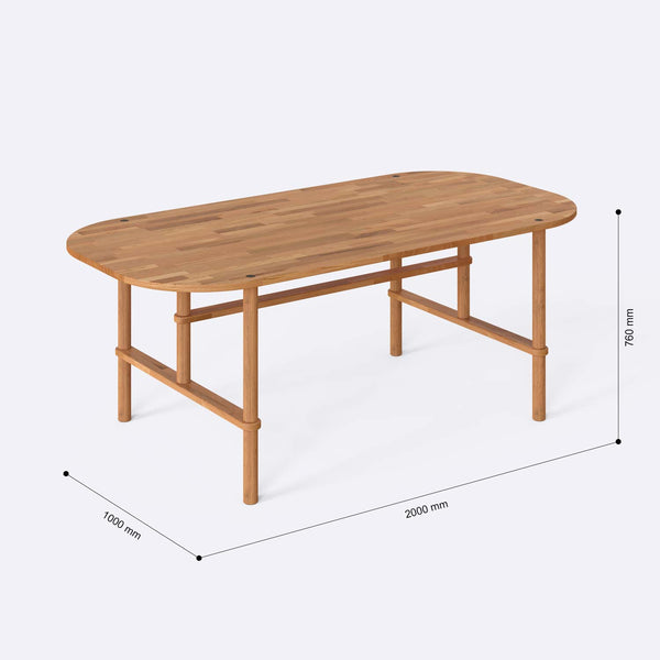 Agna Yemek Masası 200 x 100 cm ölçülendirilmiş teknik görünümü, milimetre cinsinden genişlik, derinlik ve yükseklik