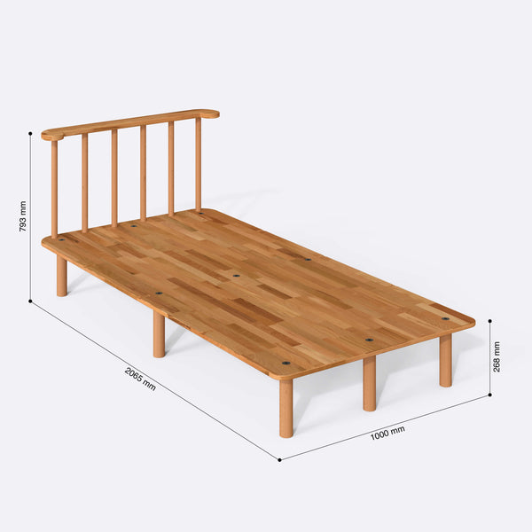 Lore Tek Kişilik Karyola 100 x 200 cm ölçülendirilmiş teknik görünümü, milimetre cinsinden genişlik, derinlik ve yükseklik