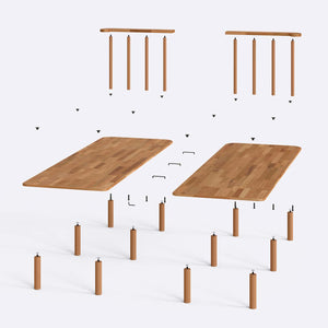 Lore Çift Kişilik Karyola 140 x 200 cm parçalarına ayrılmış montaj görünümü, masif kayın parçalar ve bağlantı elemanları