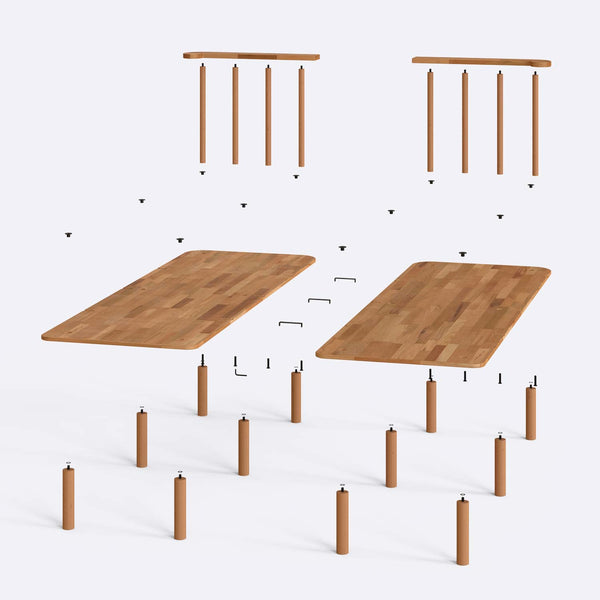 Lore Çift Kişilik Karyola 140 x 200 cm parçalarına ayrılmış montaj görünümü, masif kayın parçalar ve bağlantı elemanları