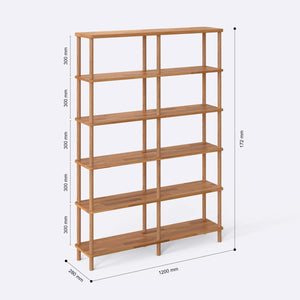 Regmar 6 Raflı Kitaplık 120 x 28 cm ölçülendirilmiş teknik görünümü, milimetre cinsinden genişlik, derinlik ve yükseklik
