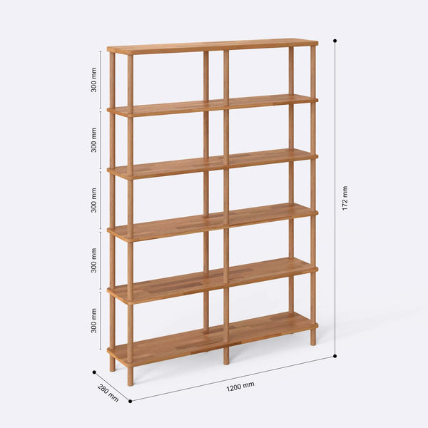 Regmar 6 Raflı Kitaplık 120 x 28 cm ölçülendirilmiş teknik görünümü, milimetre cinsinden genişlik, derinlik ve yükseklik