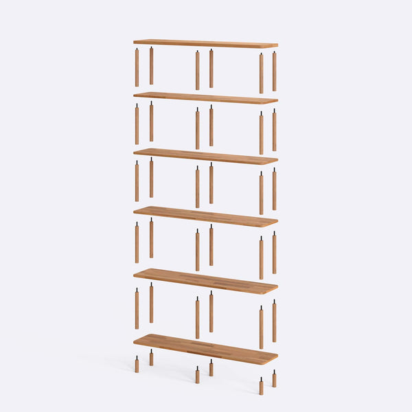 Regmar 6 Raflı Kitaplık 120 x 28 cm parçalarına ayrılmış montaj görünümü, masif kayın parçalar ve bağlantı elemanları