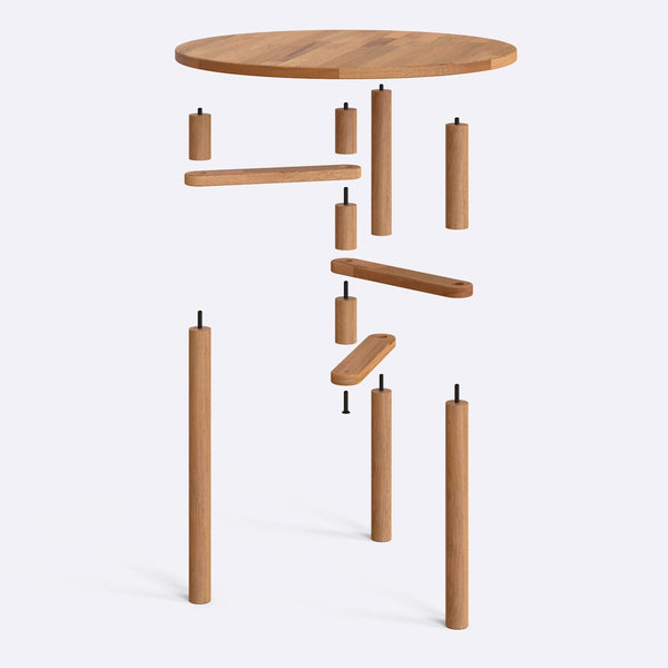 Lat Yemek Masası 78 x 78 cm parçalarına ayrılmış montaj görünümü, masif kayın tabla, ayaklar ve vidalar