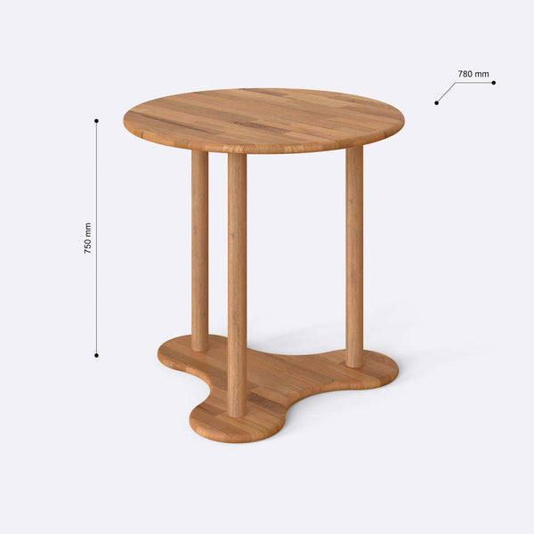 Fei Yemek Masası 78 x 78 cm ölçülendirilmiş teknik görünümü, milimetre cinsinden genişlik, derinlik ve yükseklik