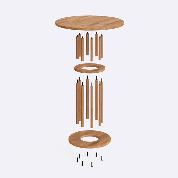 Well Yemek Masası 78 x 78 cm parçalarına ayrılmış montaj görünümü, masif kayın parçalar ve bağlantı elemanları