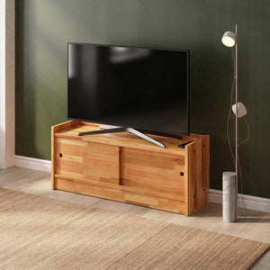 Yura TV Ünitesi 120 x 38 cm, %100 masif kayın, doğal ahşap dokusu, ev ortamında kullanım görünümü
