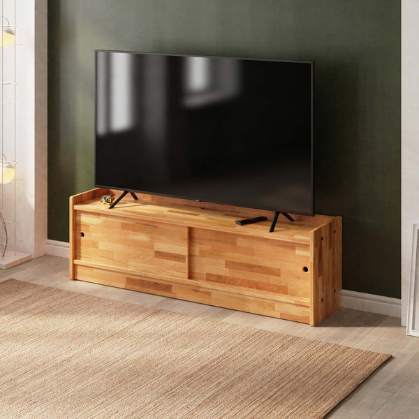 Yura TV Ünitesi 160 x 38 cm, %100 masif kayın, doğal ahşap dokusu, ev ortamında kullanım görünümü