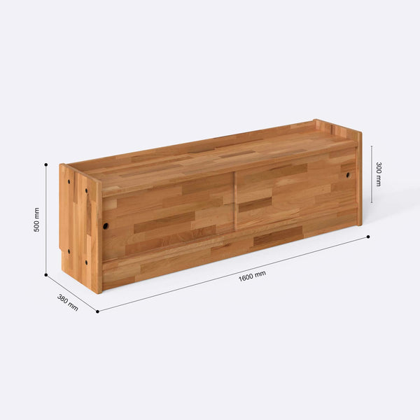 Yura TV Ünitesi 160 x 38 cm ölçülendirilmiş teknik görünümü, milimetre cinsinden genişlik, derinlik ve yükseklik