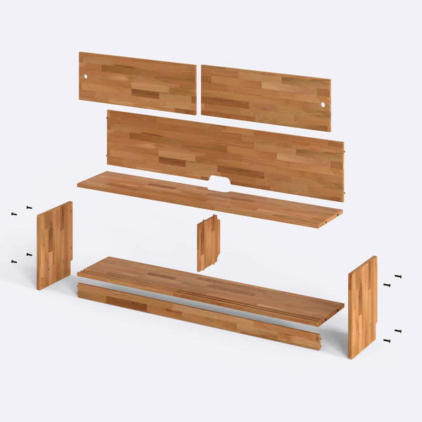 Yura TV Ünitesi 180 x 38 cm parçalarına ayrılmış montaj görünümü, masif kayın parçalar ve bağlantı elemanları