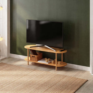 Rift TV Ünitesi 120 x 38 cm, %100 masif kayın, doğal ahşap dokusu, ev ortamında kullanım görünümü