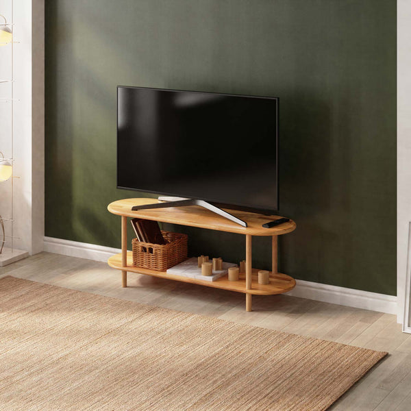 Rift TV Ünitesi 120 x 38 cm, %100 masif kayın, doğal ahşap dokusu, ev ortamında kullanım görünümü