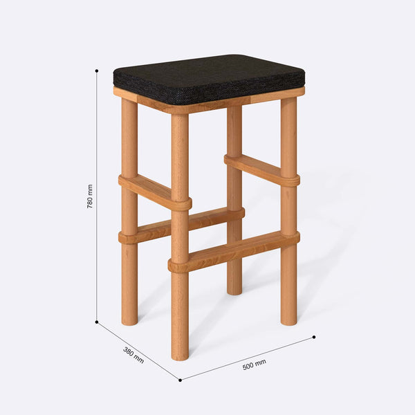 Pal Bar Tabure ölçülendirilmiş teknik görünümü, siyah keten döşeme, milimetre cinsinden ölçüler
