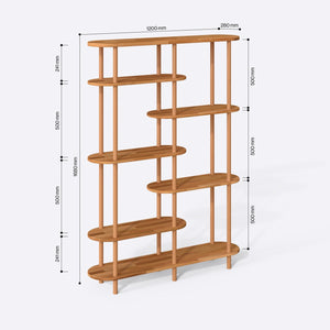 Sola 7 Raflı Kitaplık 120 x 28 cm ölçülendirilmiş teknik görünümü, milimetre cinsinden genişlik, derinlik ve yükseklik