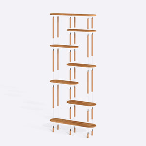 Sola 7 Raflı Kitaplık 120 x 28 cm parçalarına ayrılmış montaj görünümü, masif kayın parçalar ve bağlantı elemanları