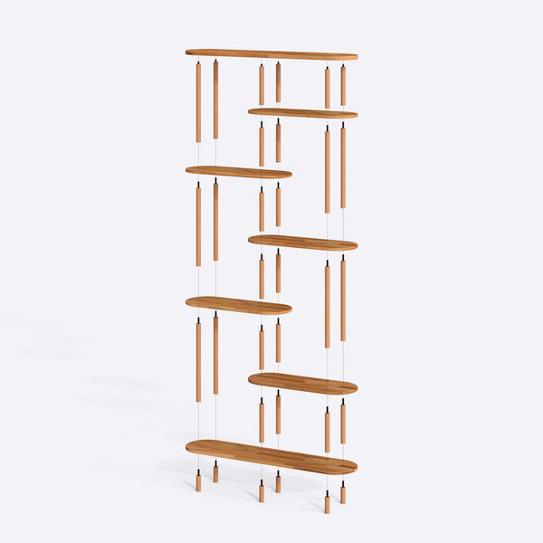 Sola 7 Raflı Kitaplık 120 x 28 cm parçalarına ayrılmış montaj görünümü, masif kayın parçalar ve bağlantı elemanları