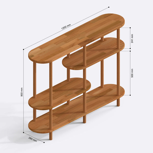 Sola 4 Raflı Kitaplık 120 x 28 cm ölçülendirilmiş teknik görünümü, milimetre cinsinden genişlik, derinlik ve yükseklik