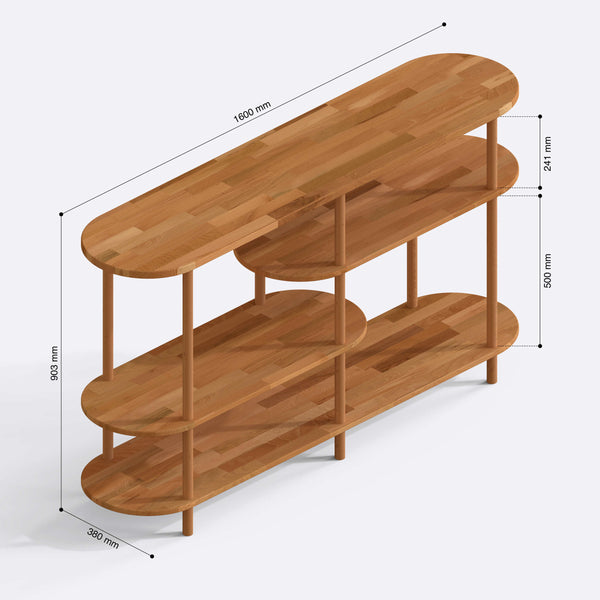 Sola 4 Raflı Kitaplık 160 x 38 cm ölçülendirilmiş teknik görünümü, milimetre cinsinden genişlik, derinlik ve yükseklik