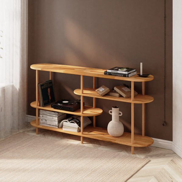 Sola 4 Raflı Kitaplık 180 x 38 cm, %100 masif kayın, doğal ahşap dokusu, ev ortamında kullanım görünümü