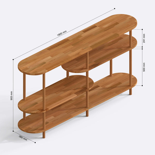 Sola 4 Raflı Kitaplık 180 x 38 cm ölçülendirilmiş teknik görünümü, milimetre cinsinden genişlik, derinlik ve yükseklik